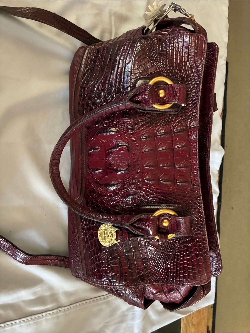 Brahmin Croc-Embossed Satchel in Deep Wine with Gold Hardware